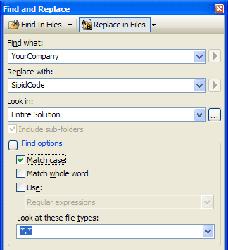 Visual Studio 2008 Find Replace window