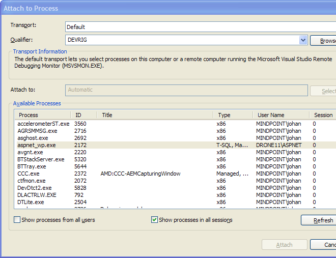 Attach to process dialog