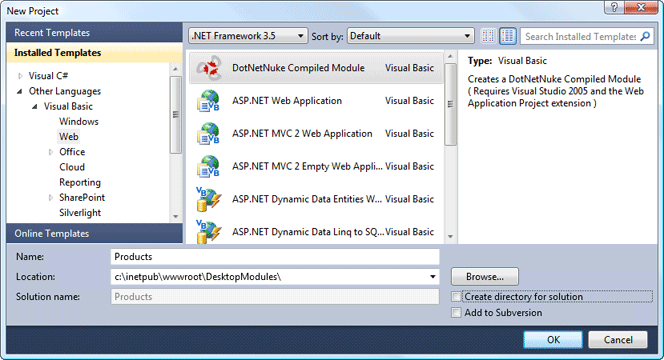 Visual Studio 2010 New Project dialog